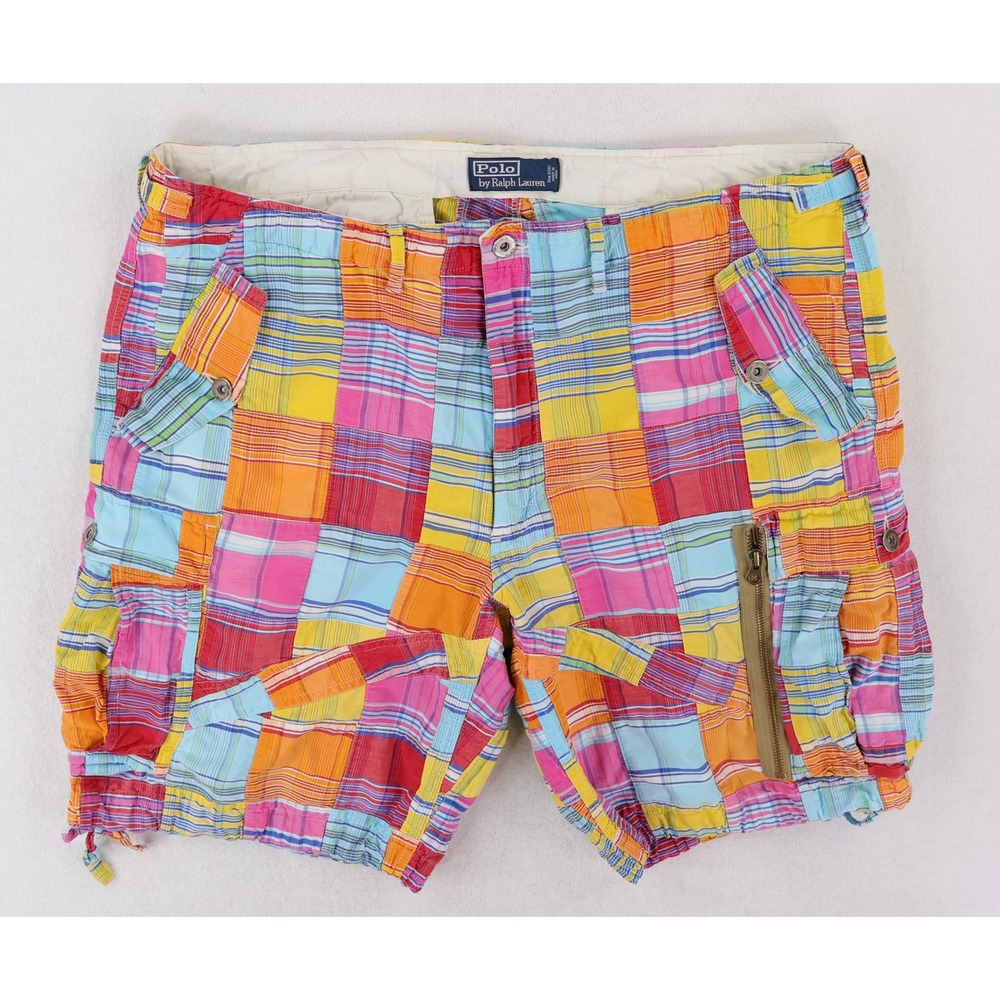 Polo Ralph Lauren Cargo Shorts Mens 38 Multi Color Vintage Patchwork Madras